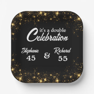 Double Celebration Joint Birthday Gold Black  Paper Plates