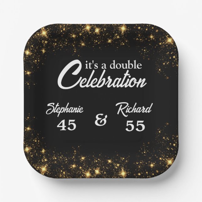 Double Celebration Joint Birthday Gold Black  Paper Plates (Front)