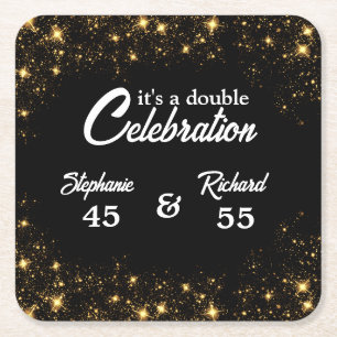 Double Celebration Joint Birthday Gold Black Square Paper Coaster