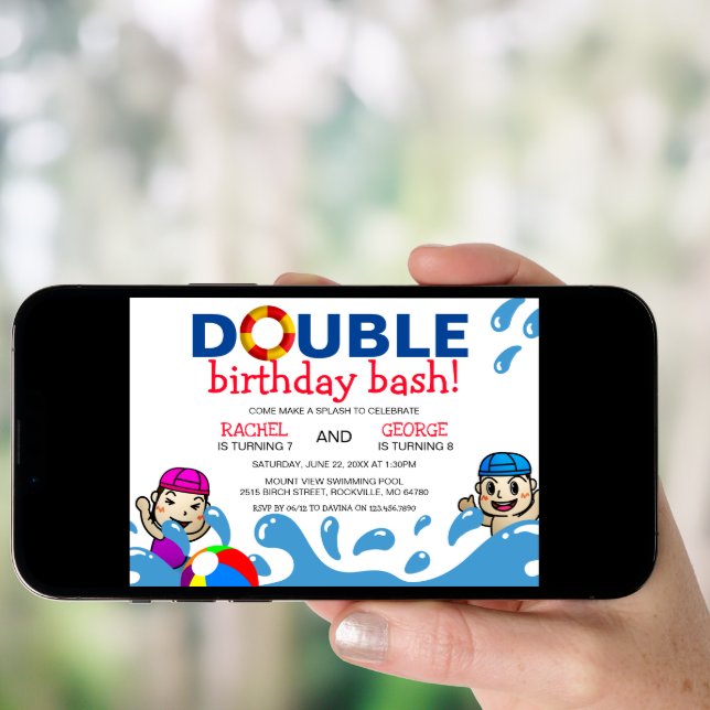 Double Celebration | Kids Pool Birthday Party Invitation (Front Digital)