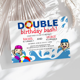 Double Celebration   Kids Pool Birthday Party Invitation