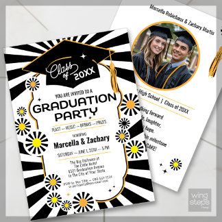 Double Celebration Photo Black White Daisy Grad Invitation