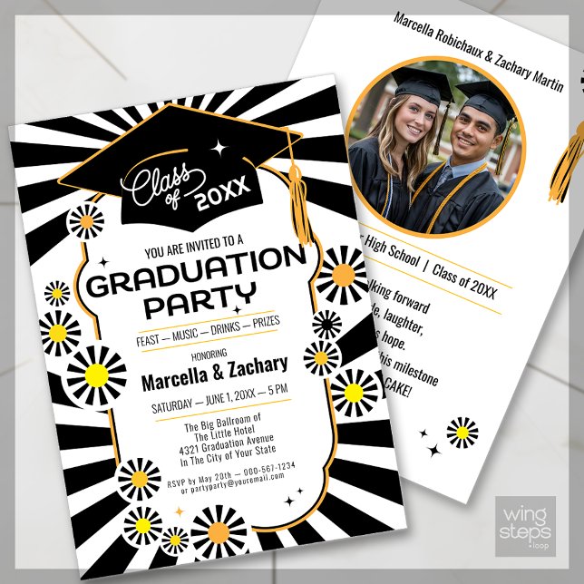 Double Celebration Photo Black White Daisy Grad Invitation (Creator Uploaded)