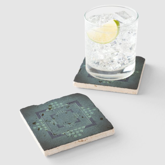 Double Checkered Tile Blue Stone Coaster (Side)