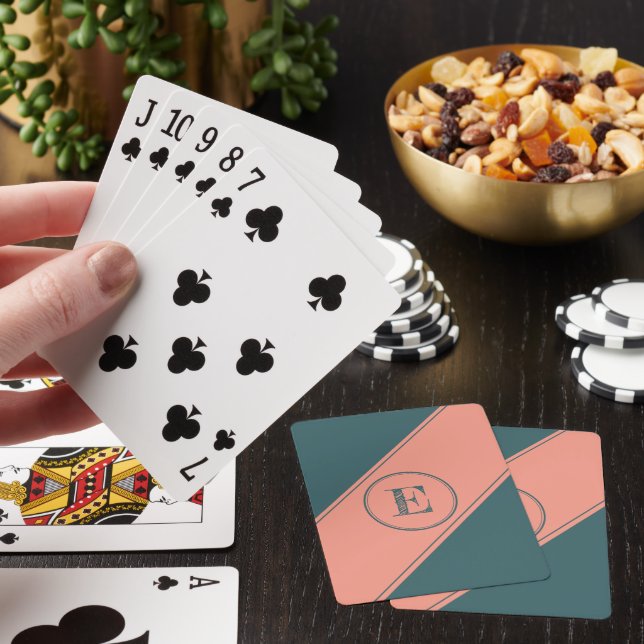 Double Circle Geometric Angle Teal Letter Monogram Poker Cards (In Situ)