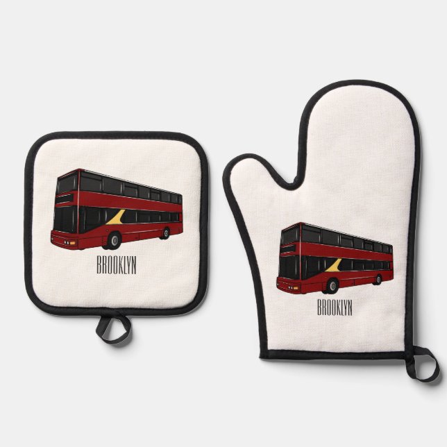 Double-decker bus cartoon illustration oven mitt & pot holder set (Front)