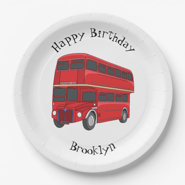 Double-decker bus cartoon illustration paper plates (Front)