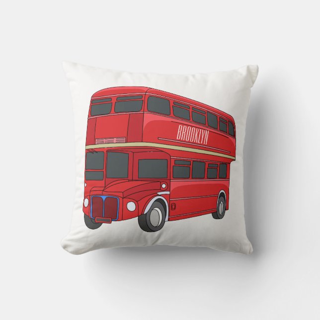 Double-decker bus cartoon illustration throw pillow (Front)