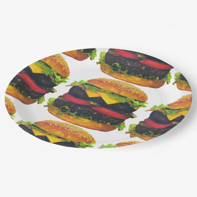 Double Deluxe Hamburger with Cheese Paper Plates (Angled)