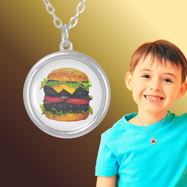 Double Deluxe Hamburger with Cheese Round Silver Plated Necklace (Double Deluxe Hamburger with Cheese Round Silver Plated Necklace)