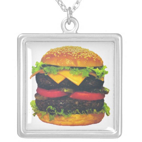 Double Deluxe Hamburger with Cheese Silver Plated Necklace