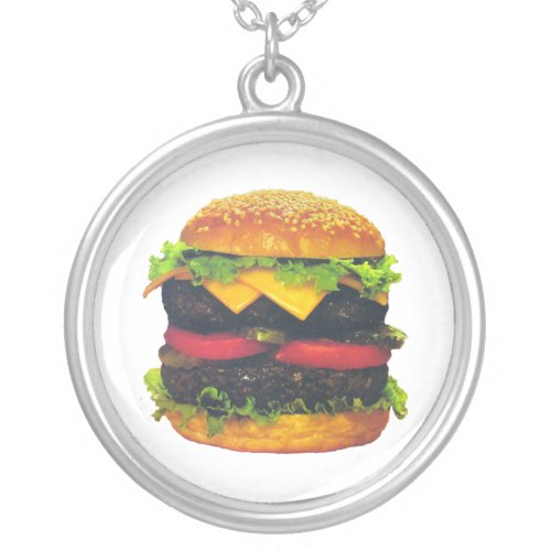 Double Deluxe Hamburger with Cheese Silver Plated Necklace