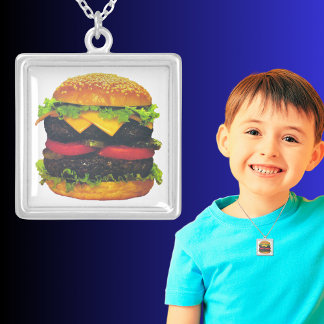 Double Deluxe Hamburger with Cheese Square Silver Plated Necklace