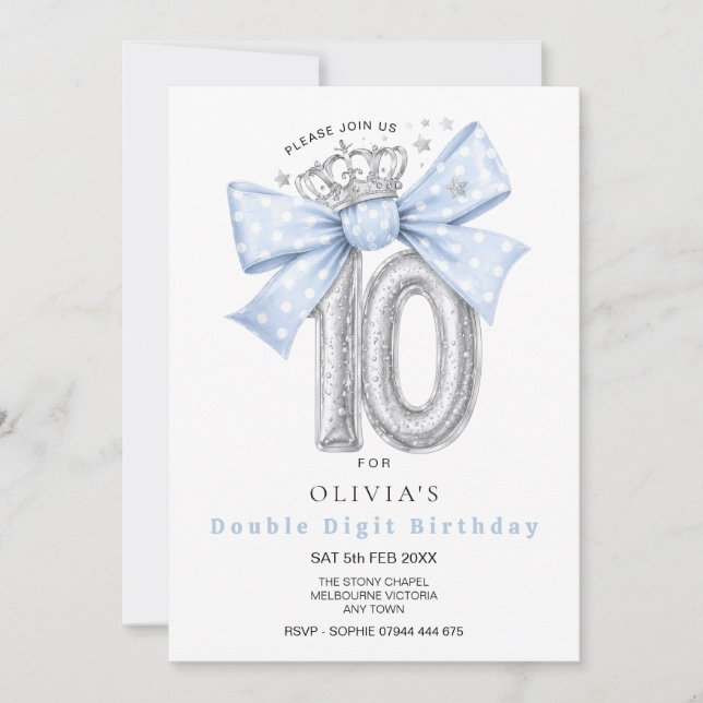 Double Digit, 10th Birthday Blue Bow Invitation (Front)