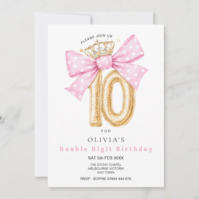 Double Digit, 10th Birthday Bow Invitation (Front)