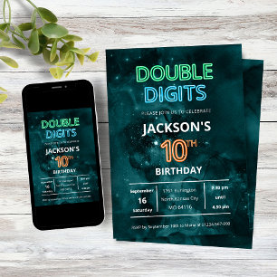 Double Digits Boys Neon Space 10th Birthday Invitation