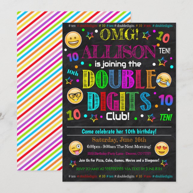 Double Digits Club Party Birthday Invitation (Front/Back)