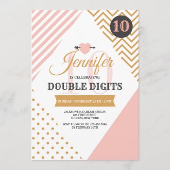 Double Digits Pink And Gold Party Invitation by CottonLamb at Zazzle