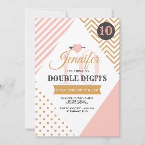 Double Digits Pink and Gold Party Invitation