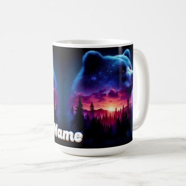 Double Exposure Bear Portrait With Vibrant Sunset Coffee Mug (Front Right)