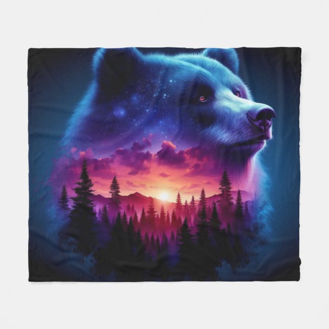 Double Exposure Bear Portrait With Vibrant Sunset Fleece Blanket (Front (Horizontal))