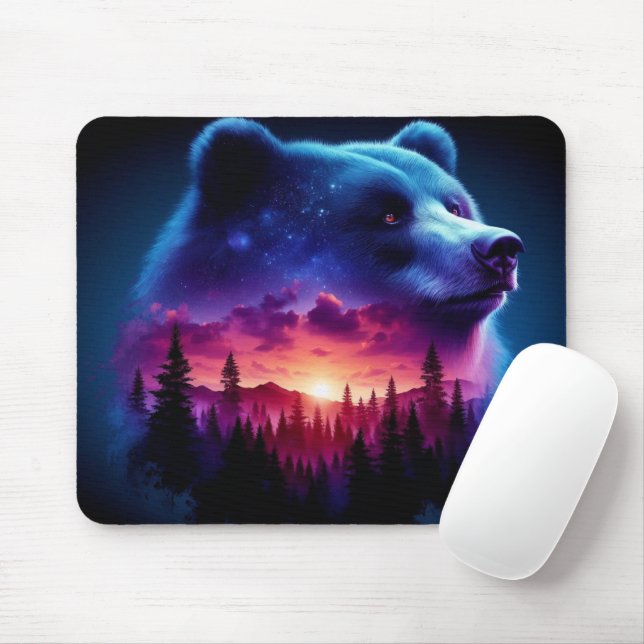 Double Exposure Bear Portrait With Vibrant Sunset Mouse Pad (With Mouse)