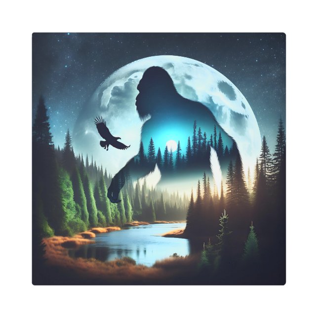 Double Exposure Bigfoot, Eagle and Full Moon Metal Print (Front)