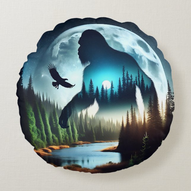 Double Exposure Bigfoot, Eagle and Full Moon Round Pillow (Front)