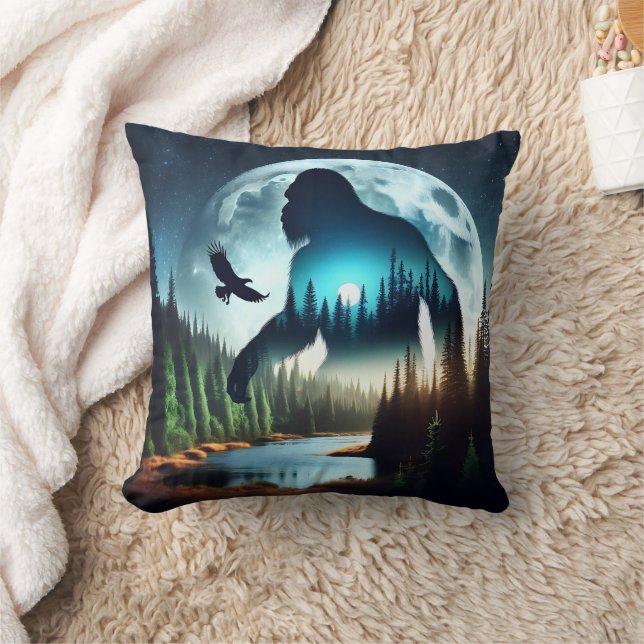 Double Exposure Bigfoot, Eagle and Full Moon Throw Pillow (Blanket)