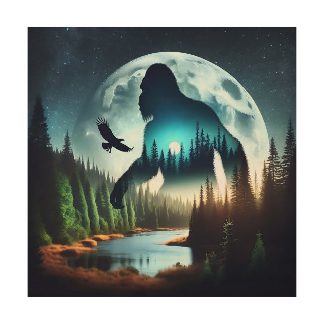Double Exposure Bigfoot, Eagle and Full Moon Wood Wall Art (Front)