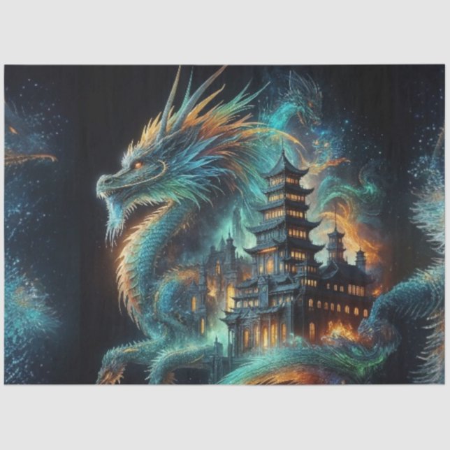 Double Exposure Chinese Dragon & Temple Decoupage  Tissue Paper (Front)