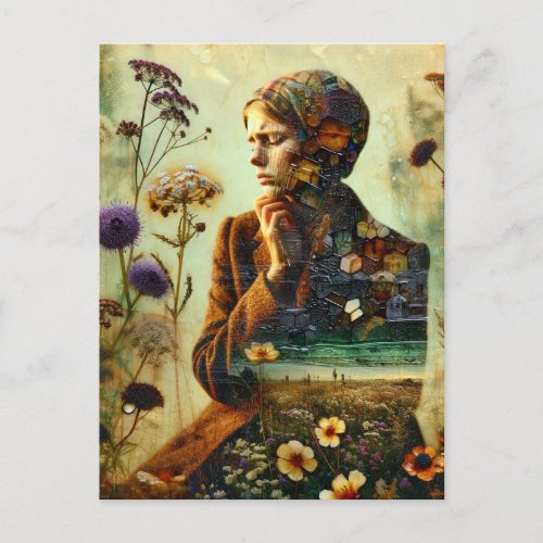 Double Exposure Flowers and Sad Young Woman Postcard