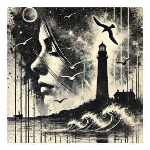 Double Exposure Girl with Lighthouse and seagull Photo Print
