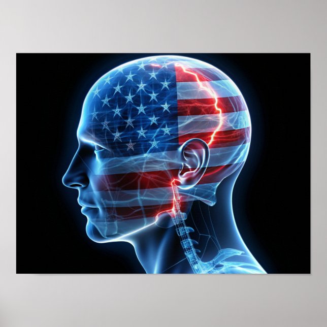 Double Exposure Human Skull and USA Flag Poster (Front)
