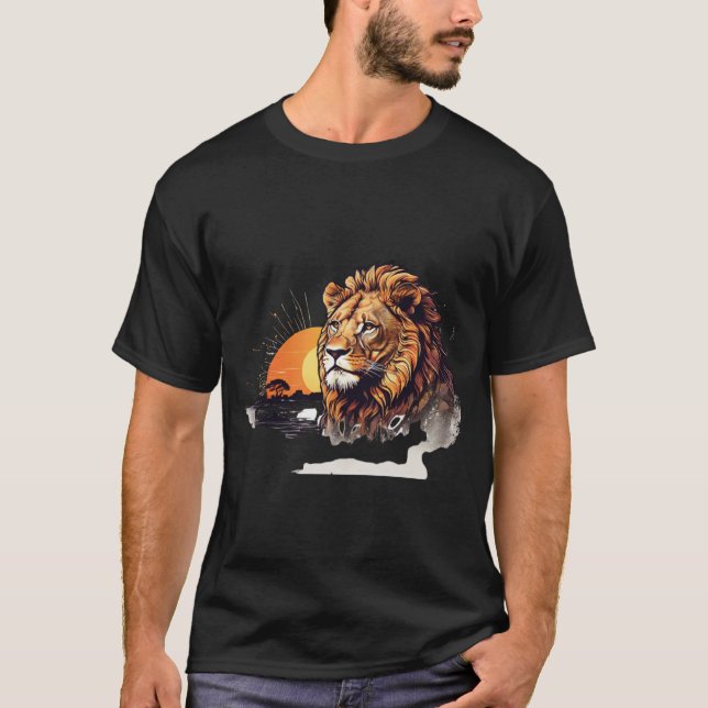 Double Exposure Lion African Sunset Graphic  T-Shirt (Front)