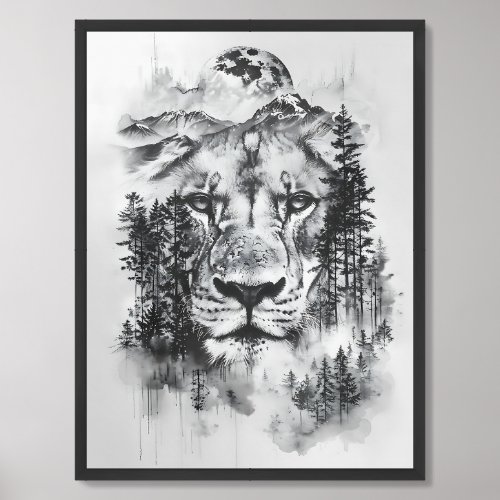 Double exposure lion and mountains black and white framed art