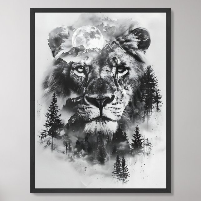 Double exposure lion mountains and moon sepia framed art (Framed Front)