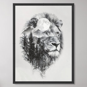 Double exposure lion mountains and moon sepia framed art