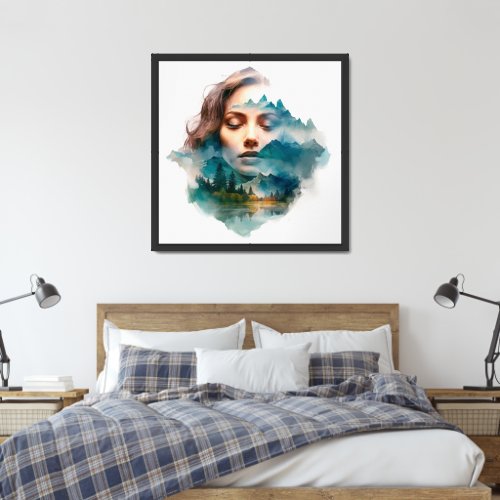 Double exposure of beautiful woman and mountain framed art