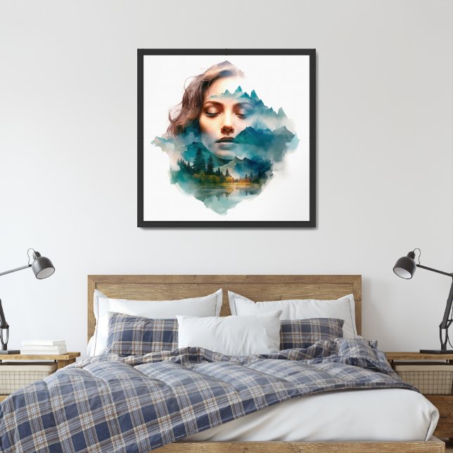 Double exposure of beautiful woman and mountain framed art (Bedroom)