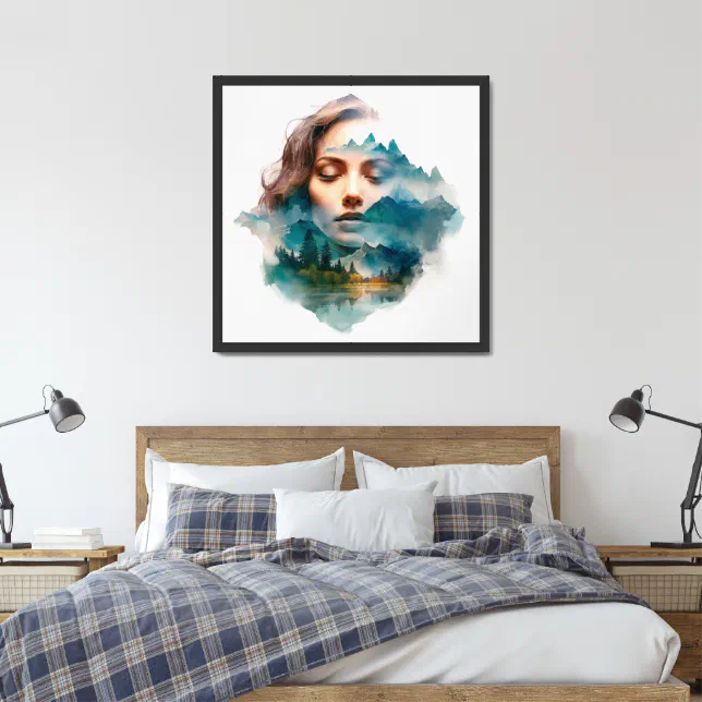 Double exposure of beautiful woman and mountain framed art | Zazzle