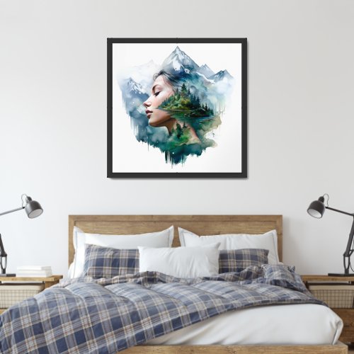 Double exposure of woman and mountain forest framed art