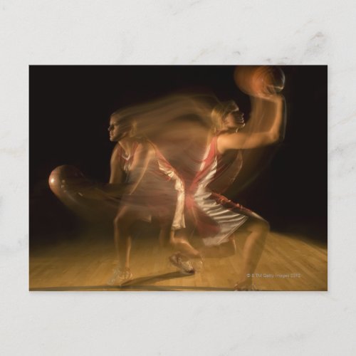 Double exposure of woman playing basketball postcard