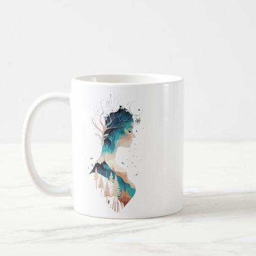 Double exposure silhouette of a woman and a landsc coffee mug