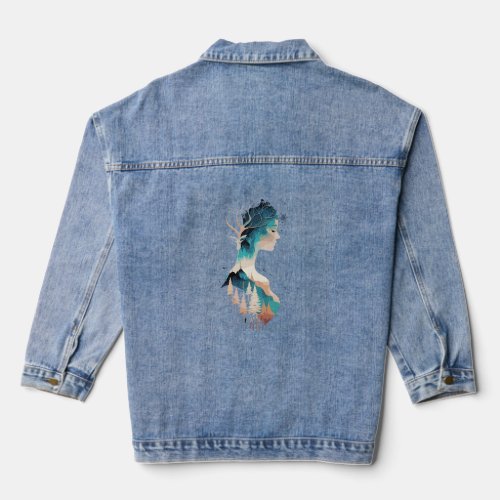 Double exposure silhouette of a woman and a landsc denim jacket