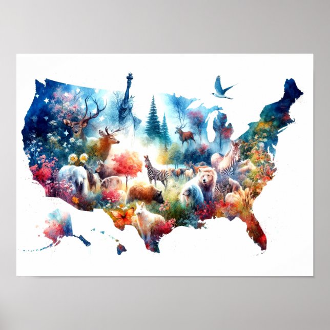 Double Exposure USA Map and Animals Poster (Front)