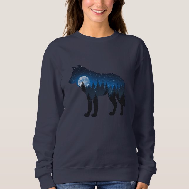 Double Exposure Wolf Silhouette Moonlit and Starry Sweatshirt (Front)