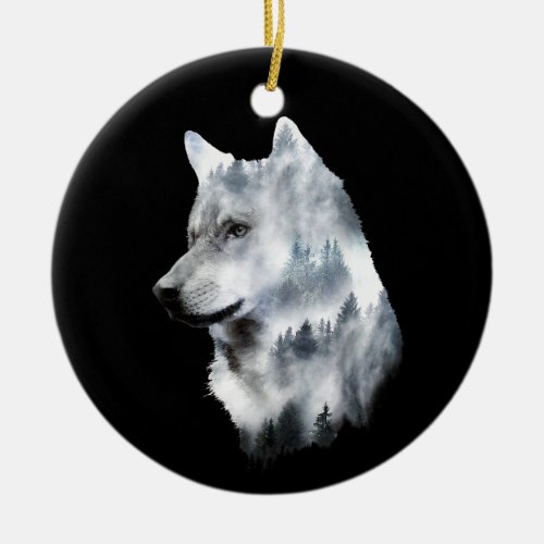 Double exposure wolf wolves lover gift artsy anima ceramic ornament