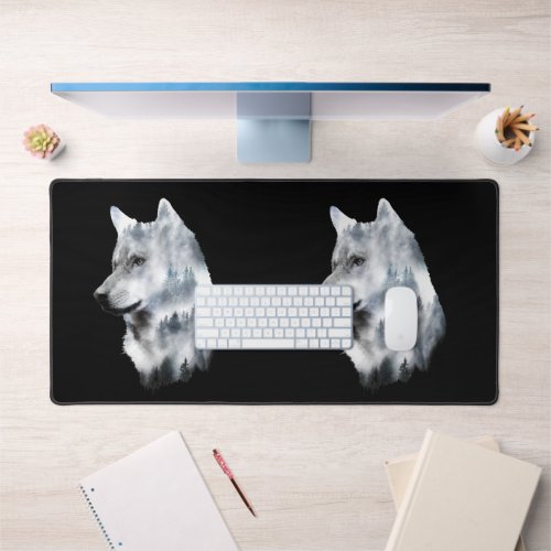 Double exposure wolf wolves lover gift artsy anima desk mat