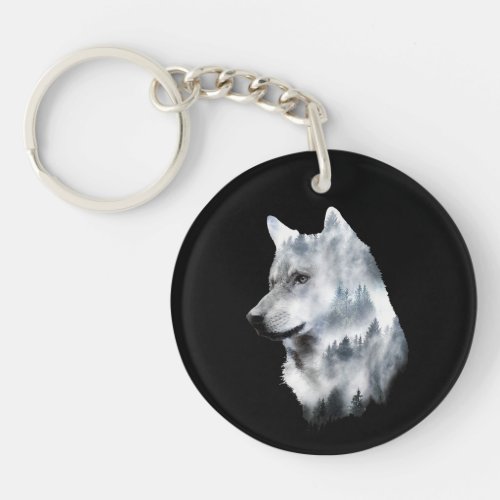 Double exposure wolf wolves lover gift artsy anima keychain